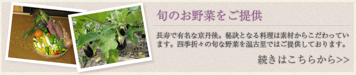 野菜ギャラリーへ。温古里では旬の野菜を堪能できます。